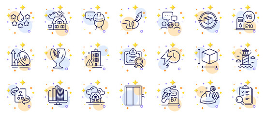 Outline set of Inspect, Excise duty and Realtor line icons for web app. Include Lift, Charging time, Box size pictogram icons. Working process, Building, Certificate signs. Vector