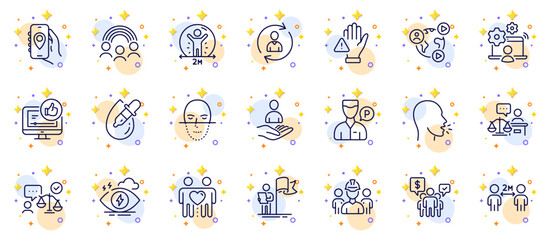 Outline set of Leadership, Inclusion and Engineering team line icons for web app. Include Face recognition, Lawyer, Teamwork pictogram icons. Valet servant, Friends couple, Court judge signs. Vector