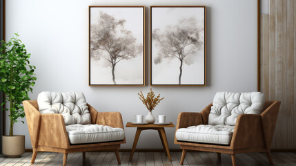 Scandinavian Serenity: Modern Living Room with Armchairs and Captivating Poster. Generative AI