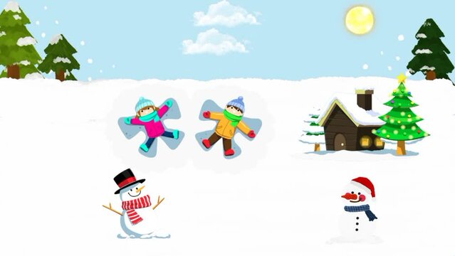 Two Kids playing on snow out side the house and making snowflake. Shining sun and Passing clouds, snowman, trees during winter season. Beautiful Christmas landscape Animated Video 