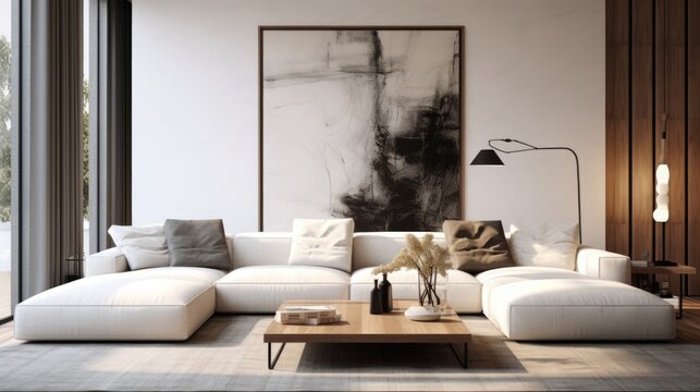 Discover a living space where modern and minimalist aesthetics shine through, enhanced by contemporary design and tasteful modern furniture - Powered by Adobe