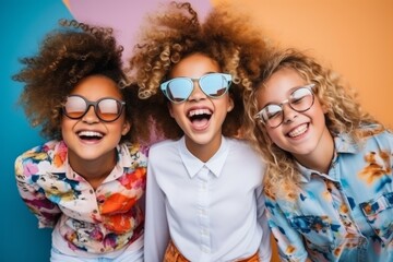 Obraz premium group photoshoot of girl friend children fun play casual summer cloth with fashion sun glasses cheerful carefree smiling freshness facial emotion studio photoshot,ai generate