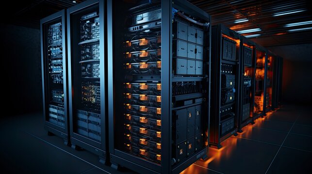  Detled 3d render of data center equipment technology and network concept