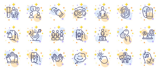 Outline set of Capsule pill, Face biometrics and Parking app line icons for web app. Include Rotation gesture, Voicemail, Success pictogram icons. Interview, Fingerprint, Yoga signs. Vector