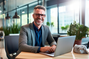 Un hombre sonriente con gafas utiliza un ordenador portátil en la oficina mientras está sentado en su escritorio. - obrazy, fototapety, plakaty