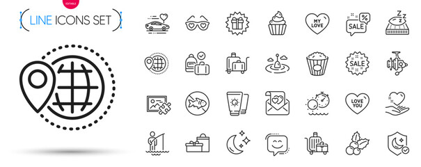 Pack of Tanning time, Fishing reel and Surprise gift line icons. Include Love letter, Luggage trolley, World travel pictogram icons. Cupcake, Honeymoon travel, Popcorn signs. Hold heart. Vector