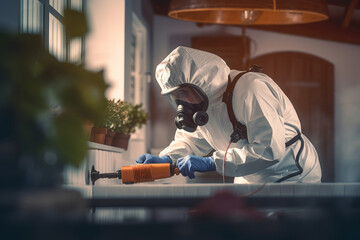 Technician in protective gear inspecting a residential property for pests, conveying professionalism and expertise in the disinfestation industry. Generative Ai - obrazy, fototapety, plakaty