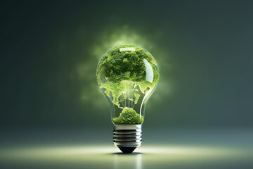 Green world on the light bulb. Beautiful illustration picture. Generative AI