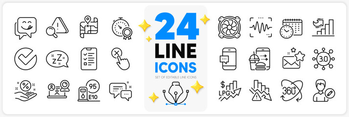 Icons set of Deflation, Loan percent and Smartphone message line icons pack for app with Employees messenger, Video conference, Rise price thin outline icon. Growth chart, Edit person. Vector