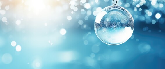 Fototapeta na wymiar Transparent Christmas ball on a blue background with lights. Generative AI