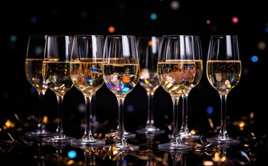 Glasses of champagne with soft lighting on dark background. Generative AI