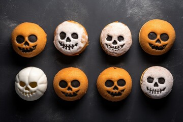 Obraz premium Halloween baking on dark background. Different desserts and small seasonal cakes. Generative AI