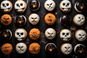 Obraz premium Halloween baking on dark background. Different desserts and small seasonal cakes. Generative AI