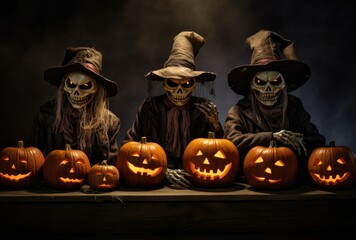 Halloween pumpkins with lanterns wearing warlocks hats. Dark halloween. Generative AI