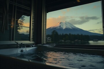 Luxury Hotel Bathtub at bath room with Fuji mountain background. Generative AI