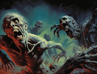 Horror comic book cover with zombies. Beautiful illustration picture. Generative AI