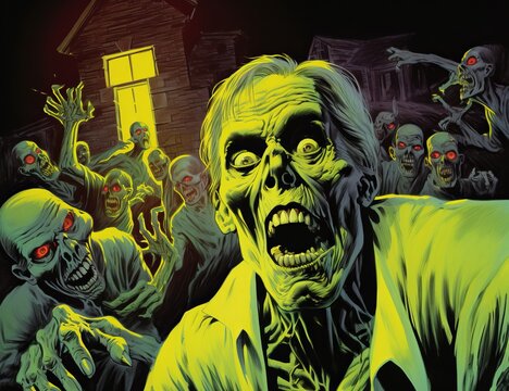 Horror comic book cover with zombies. Beautiful illustration picture. Generative AI