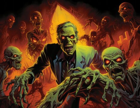 Horror comic book cover with zombies. Beautiful illustration picture. Generative AI