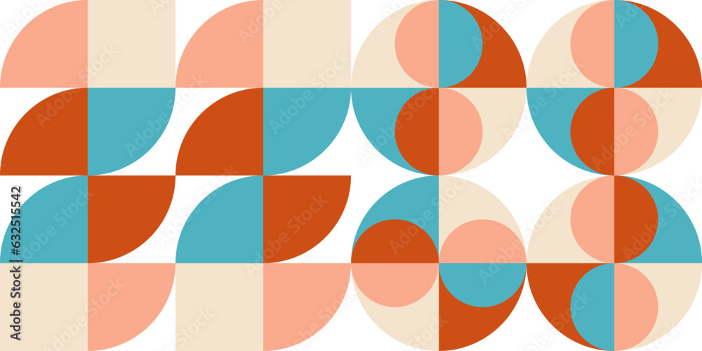 Poster Geometric abstract vector seamless pattern with circles, rectangles and squares in retro Bauhaus style. Pastel colored simple shapes graphic background.