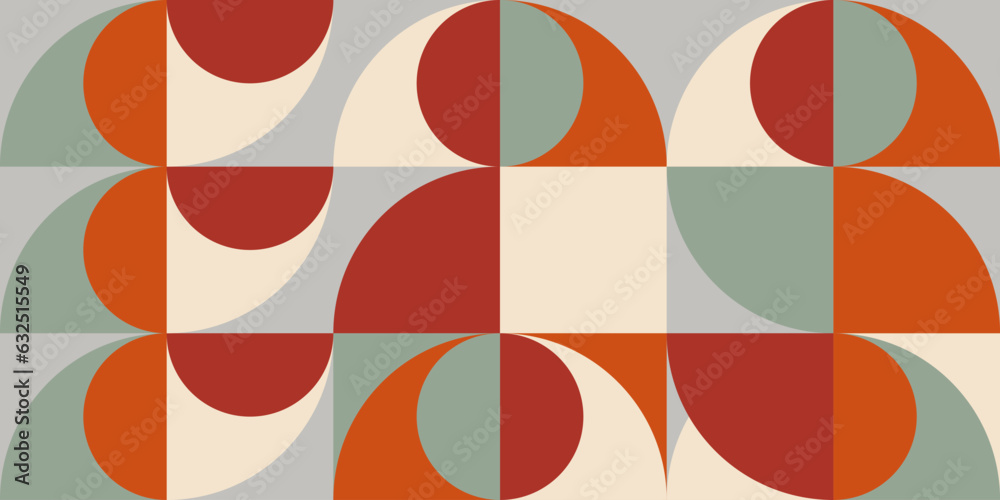 Leinwandbilder Geometric abstract vector seamless pattern with circles, rectangles and squares in retro Bauhaus style. Pastel colored simple shapes graphic background.