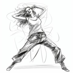 Black and white drawing of woman that is dancing. Beautiful illustration picture. Generative AI