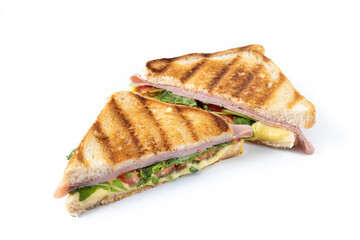 Panini sandwich with ham, cheese, tomato and arugula isolated on white background