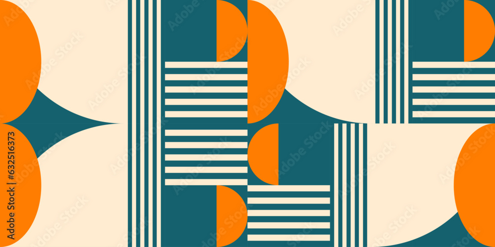 Poster Modern vector abstract  geometric background with circles, rectangles, squares and stripes  in retro Bauhaus style. Pastel colored