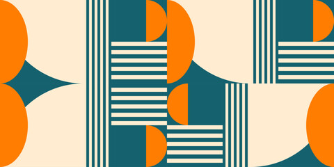 Modern vector abstract  geometric background with circles, rectangles, squares and stripes  in retro Bauhaus style. Pastel colored