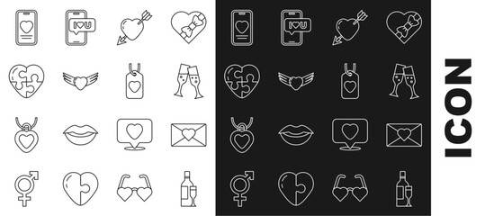 Set line Champagne bottle, Envelope with Valentine heart, Glass of champagne, Amour and arrow, Heart wings, Online dating app chat and tag icon. Vector
