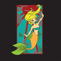 Lovely mermaid with little turtle, vector illustration, children artworks, wallpapers, posters, greeting cards prints. 