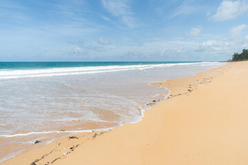 Fototapeta na wymiar beach sea sand and sky. Landscape view of beach sea in summer day. Beach space area