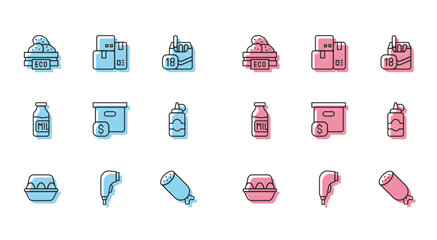 Set line Chicken egg in box, Scanner scanning bar code, Wooden for fruits, Salami sausage, Carton cardboard with price, Sauce bottle, Bottle milk and Cash register machine icon. Vector