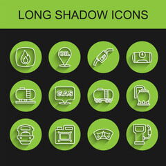 Set line Oil tanker ship, Canister for motor oil, Fire flame, Motor gas gauge, Petrol station, Location and, storage and railway cistern icon. Vector