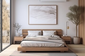 Cozy Beige Japandi Bedroom with Frame Mockup. Generative AI