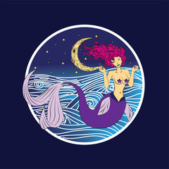 Lovely mermaid with little turtle, vector illustration, children artworks, wallpapers, posters, greeting cards prints. 