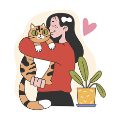 Character with a cat. Happy woman and kitten spend time together