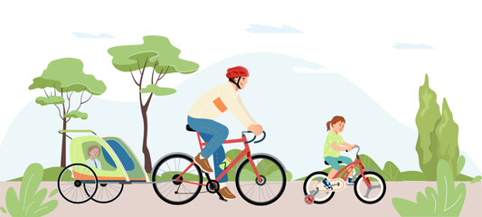 Happy and healthy family characters with kids cycling in summer. Father riding bicycle with child in trailer. Daddy together with daughter at leisure outdoor Flat vector illustration isolated on white
