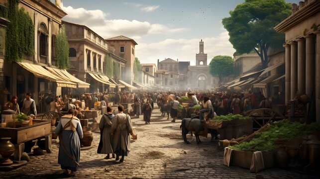 Representation of the streets of classical Rome. Antique market.