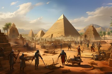 Ancient Egyptian workers building the pyramids.