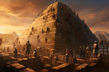 Ancient Egyptian workers building the pyramids. - obrazy, fototapety, plakaty