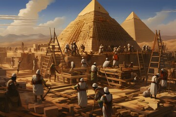 Ancient Egyptian workers building the pyramids. - obrazy, fototapety, plakaty
