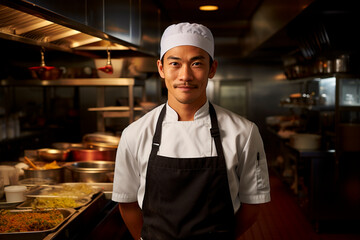  an attractive young head chef asianman of a prestigious restaurant. China. Asia. Chinese. Japanese. Japan.  healthy food. illustration created with AI