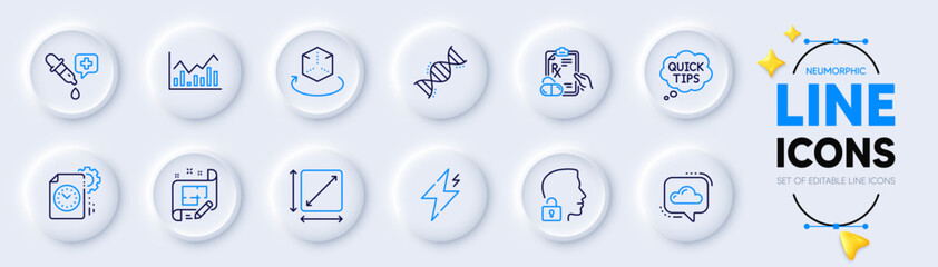 Chemistry dna, Augmented reality and Square area line icons for web app. Pack of Architect plan, Infochart, Project deadline pictogram icons. Chemistry pipette, Cloud communication. Vector
