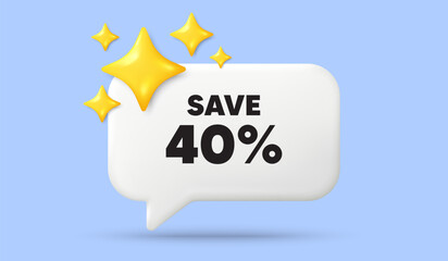 Save 40 percent off tag. 3d speech bubble banner with stars. Sale Discount offer price sign. Special offer symbol. Discount chat speech message. 3d offer talk box. Vector