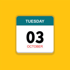 october 03 tuesday icon with yellow background, calender icon