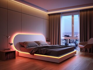 3D modern bedroom with multicolored led strip lights generative ai