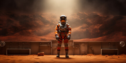 Fototapeta premium Astronaut on planet Mars. Habitable world and colonization concept. Generative AI
