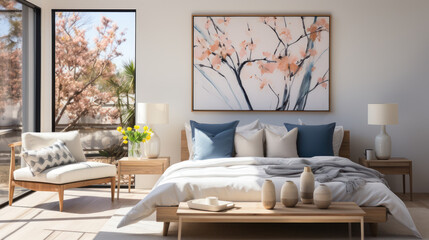 Seaside Tranquility: Coastal-Inspired Modern Bedroom with Navy Blue Pillows. Generative AI