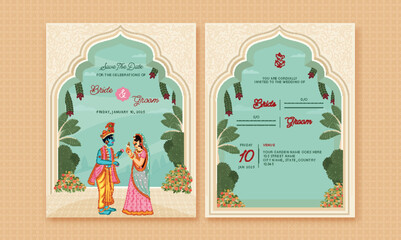 Indian Wedding Invitation Card with Beautiful Couple Character of Lord Krishna and Radha.