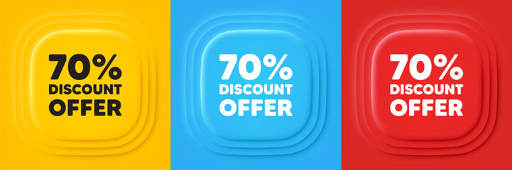 70 percent discount tag. Neumorphic offer banners. Sale offer price sign. Special offer symbol. Discount podium background. Product infographics. Vector